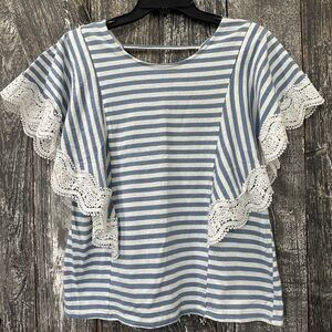 Main Strip Blue and White Striped Blouse with Lace